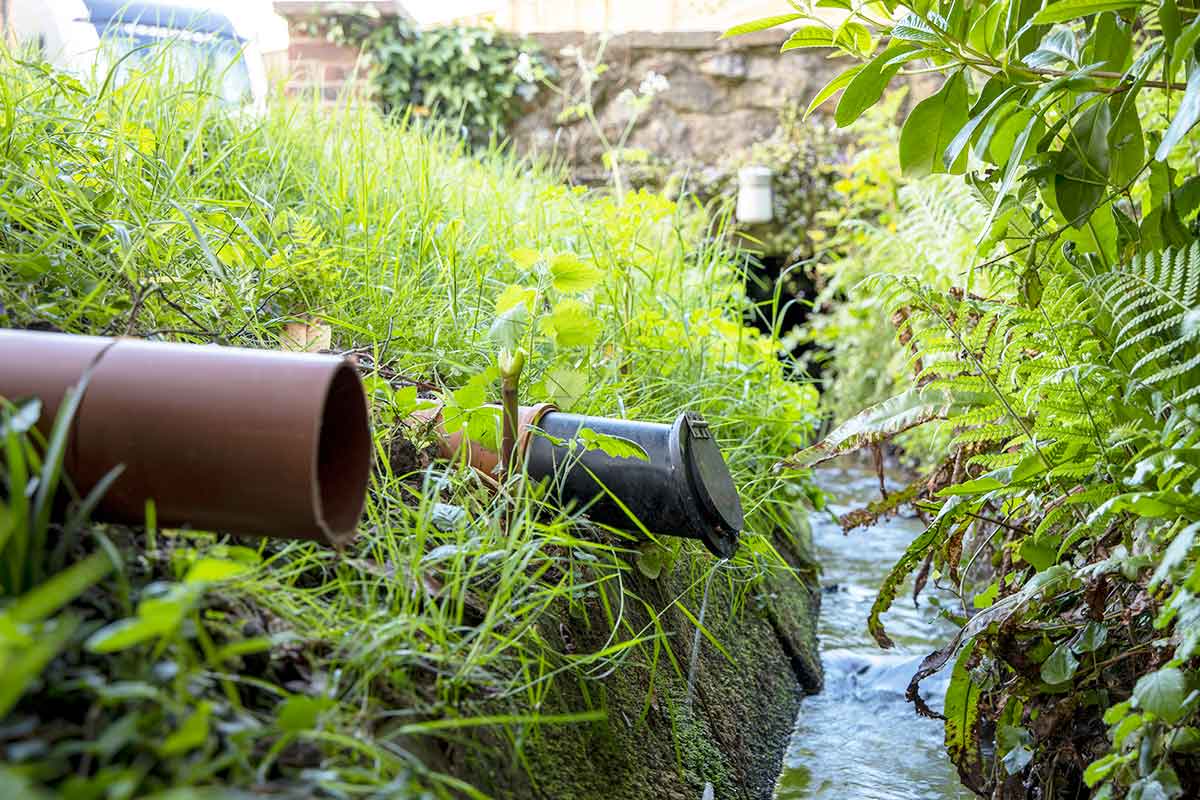 Outlet pipes from a sewage treatment plant draining into a stream