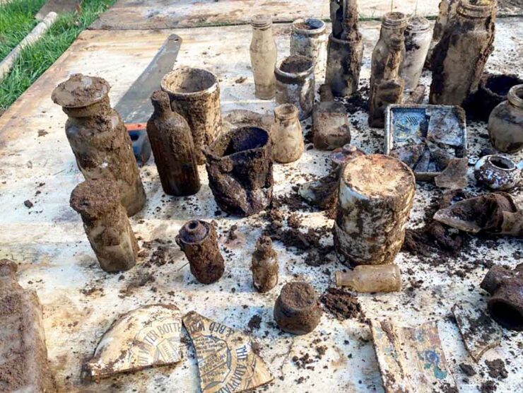 Pottery and bottles found while excavating for a new rainwater soakaway in Godalming Surrey