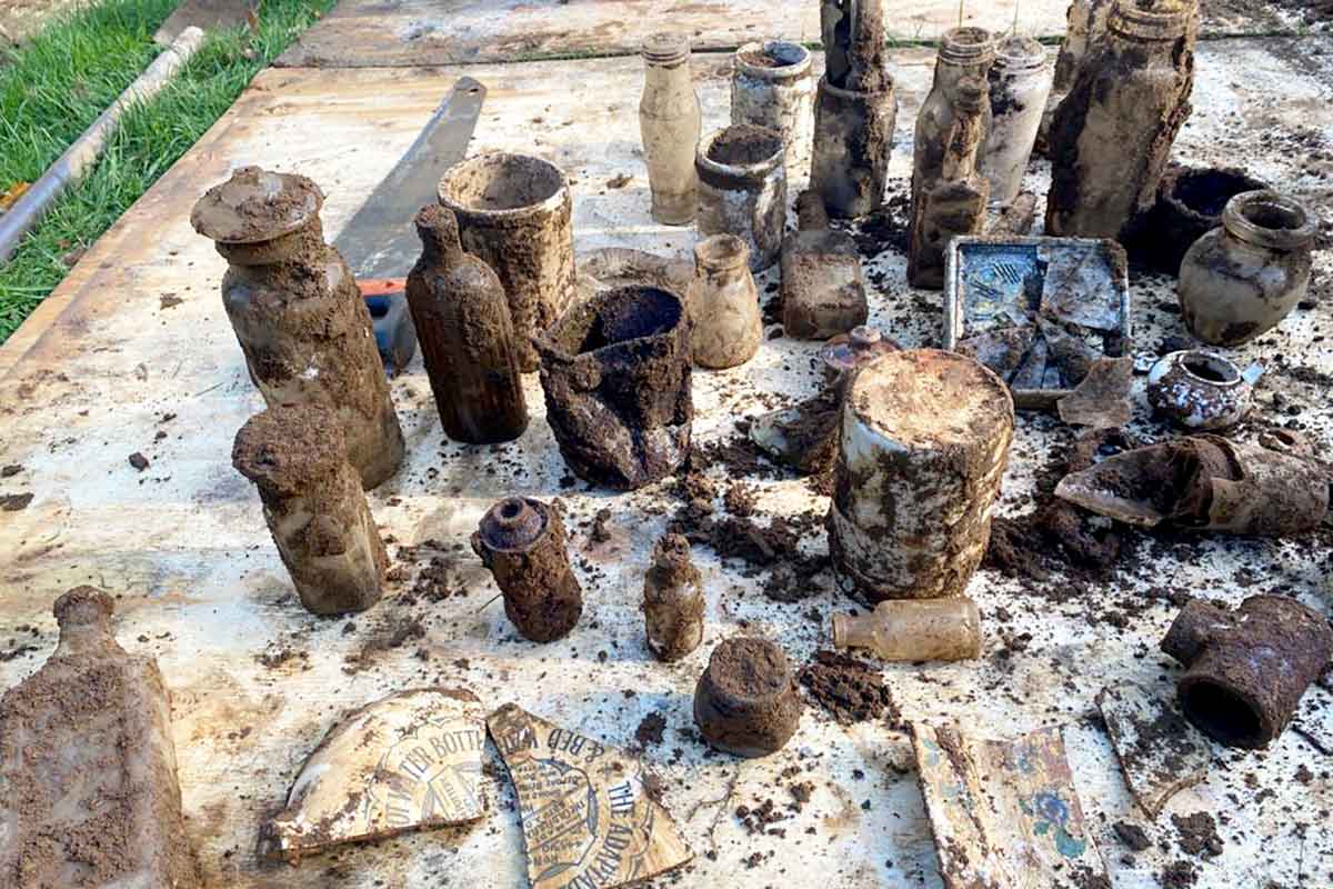 Pottery and bottles found while excavating for a new rainwater soakaway in Godalming Surrey